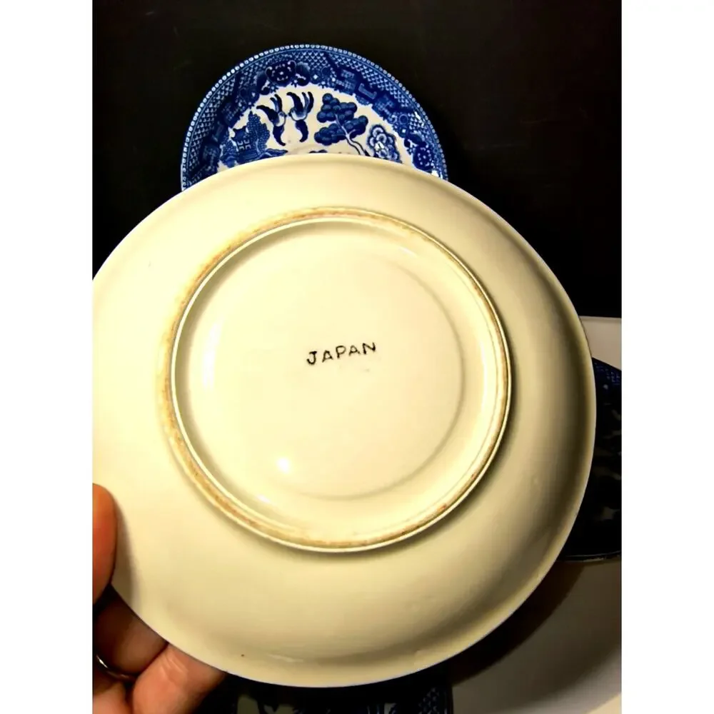 1853.  Saucer in Japanese Blue Willow Transfer Ware Style Blue White
